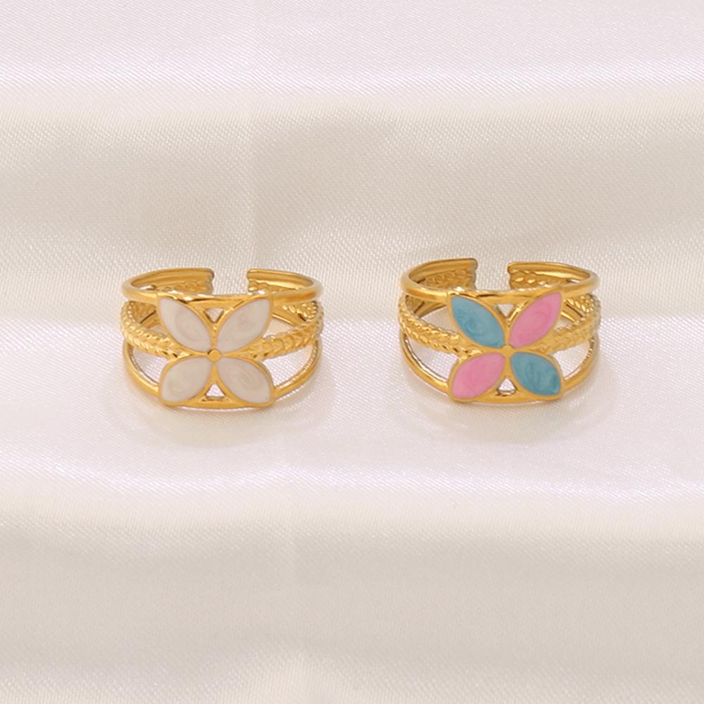 European & American 18K Gold Plated Stainless Steel Flower Resin Open Ring