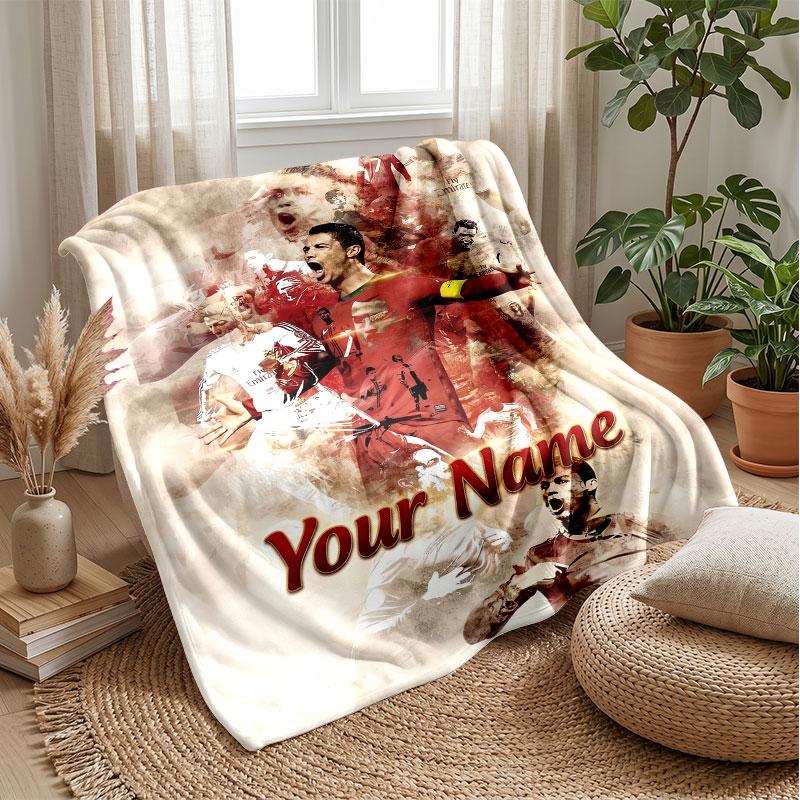 Cristiano Ronaldo Custom Name Text Flannel Blanket Soccer Logo Personalized Fleece Throw Blanket Special Gift For Sofa Bedroom Home