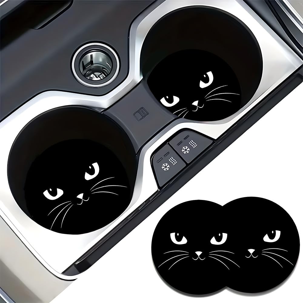 Cat design coasters for car cup set of 7cm soft rubber non-slip holders, 2, diameter, material, black.