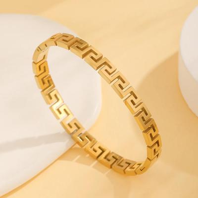 Greek Key Titanium Steel Hollow Bangle - Elegant, Versatile, High-End Design