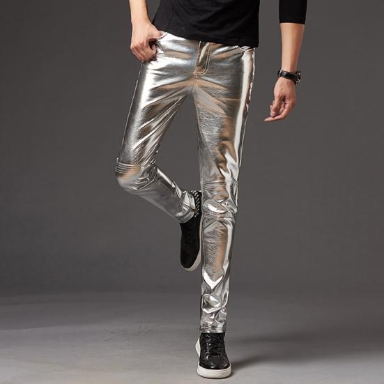 Herren Bleistifthosen Helle Oberfläche Einfarbige Reißverschlussleiste Mittlere Taille Hosen Kunstleder Schmal Geschnitten Motorradhosen Streetwear