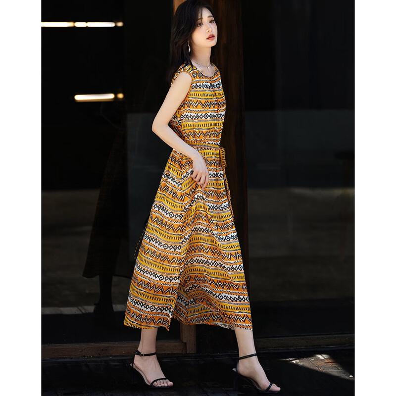 Demana Women's 100% Mulberry Silk Ethnic Striped Sleeveless Dress