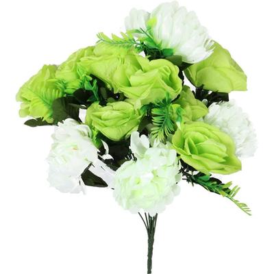 Bouquet of Artificial Flowers, Mix of Roses and Chrysanthemums, White and Green, 50 Cm