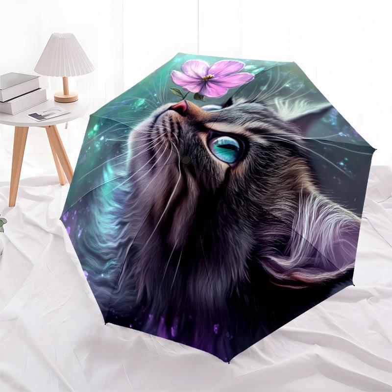 Plant Cat  pattern, automatic folding umbrella, portable and foldable design, 8 ribs, a Christmas or birthday gift.