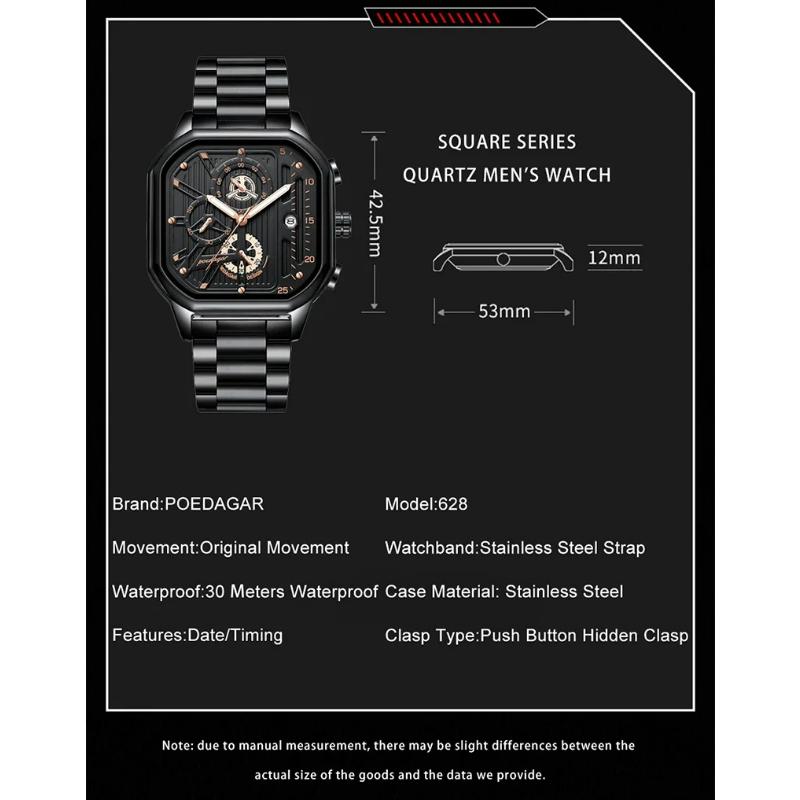 POEDAGAR Multifunction Chronograph Watches Men Sports Style Square Stainless Steel Waterproof Quartz Wristwatches Calendar Clock