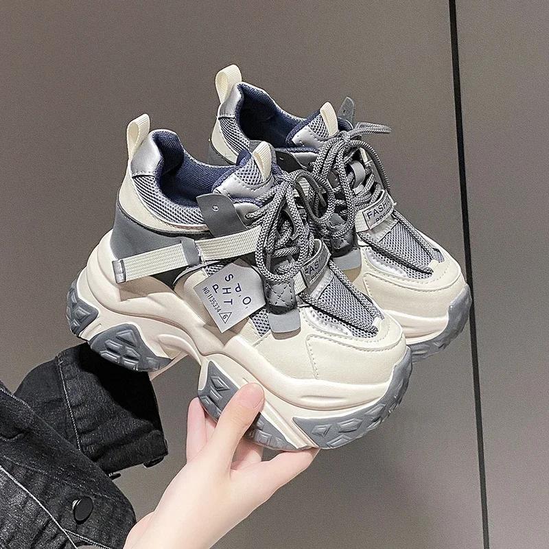 Fashion 10CM Heels Women Chunky Leather Sneakers High Top Platform Sport Shoes Autumn Spring Casual Shoes Fashion Vulcanized Shoes Woman