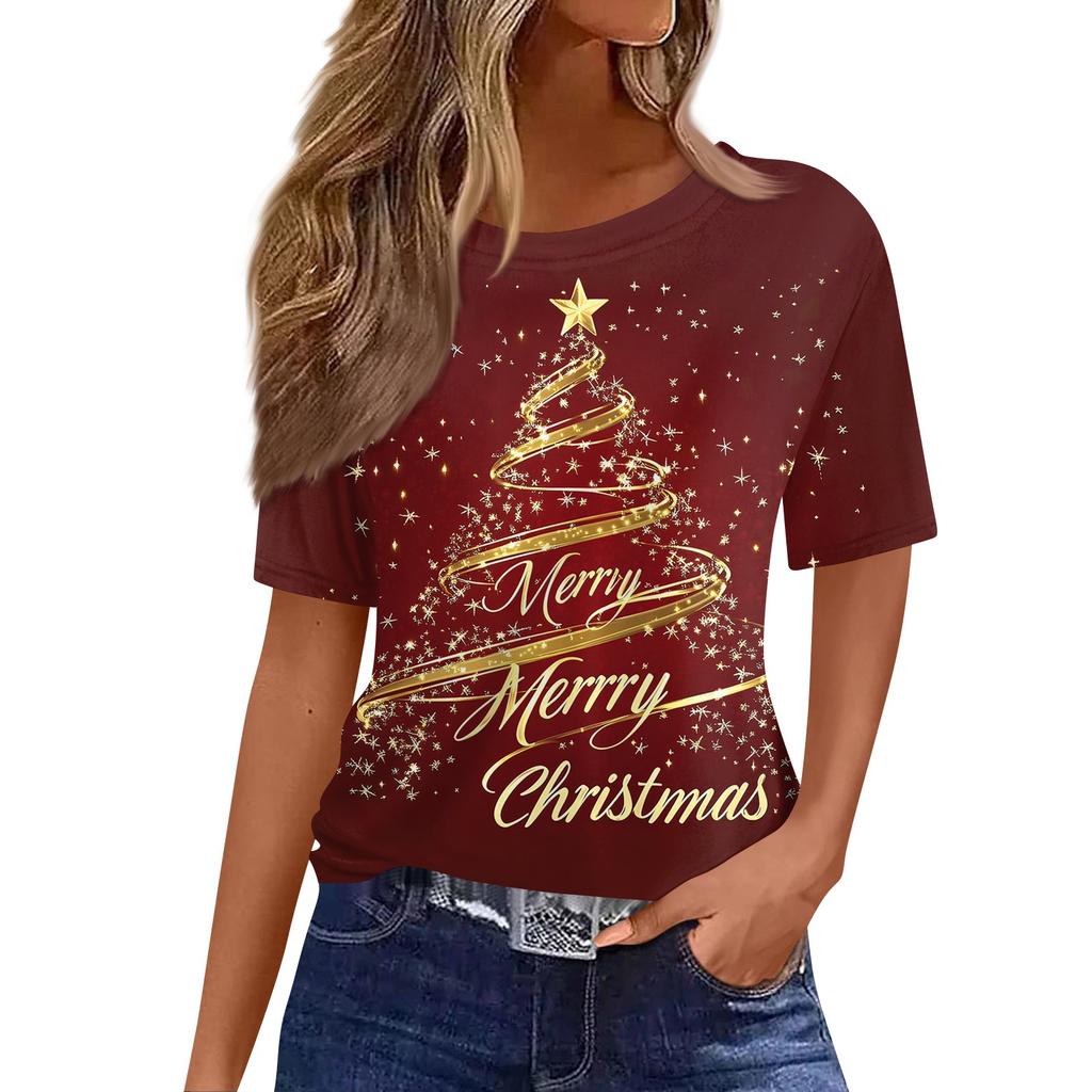 Women's Fashionable Casual Short Sleeve Christmas Print Round Neck Pullover Top