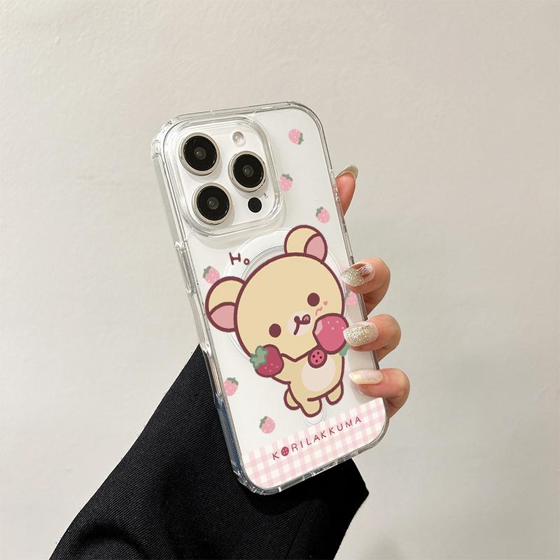 Japanese Cartoon Strawberry R-Rilakkuma Wireless Charging Case for iPhone 17 Air 16 15 14 13 12 11 Pro Max Acrylic Hard Cover