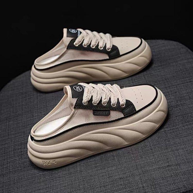 Fashion color matching mesh half slippers women's new summer platform casual women's shoes bag head breathable outer slippers