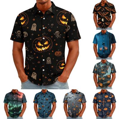 Men’s Halloween Printed Vintage Texture Shirt Loose Breathable Short Sleeve Button Down Casual Streetwear Top for Daily Wear