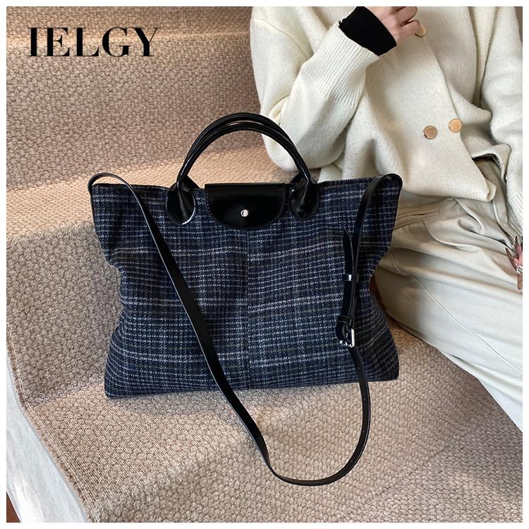 IELGY Woolen Bag Large Capacity Autumn Winter All-Match Plaid One-Shoulder Portable Commuter Tote Bag