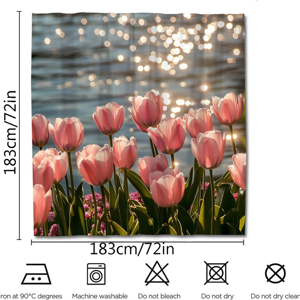 1pc Lakeside Tulip Print Shower Curtain, Waterproof Polyester with Hooks, Machine Washable, Stain Resistant, Woven Fabric