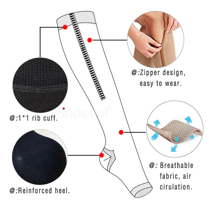 Kompresní ponožky na zip Lékařské Ponožky proti křečovým žilám 20-30 Mmhg S otevřenou špičkou Ke kolenům Podpůrné punčochy pro nohy Dámské