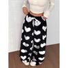 Women Leopard Print Wide Leg Pants Elastic Waist Drawstring Casual Loose Long Trousers