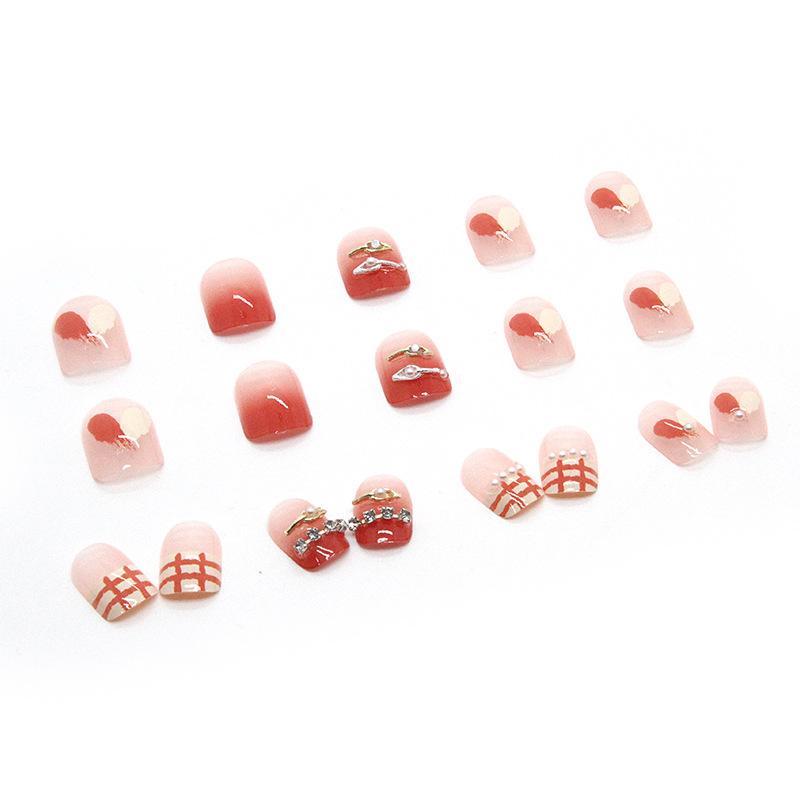 Ice Through Pink Short Wear Nail Sweet Cool Chain Diamond Nail Art Piece Pearl French Gentle White 24 Pieces Boxed