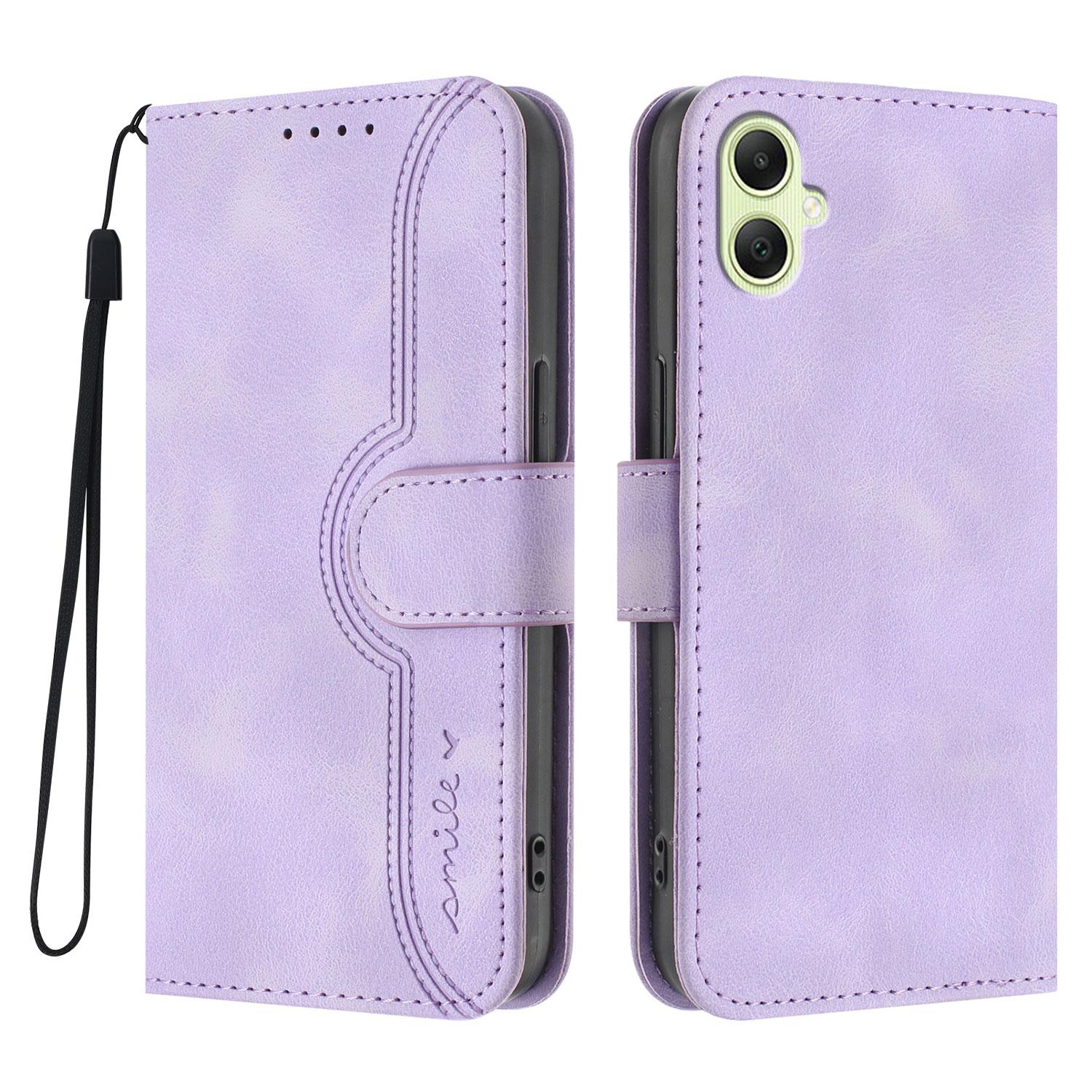 

For Samsung Galaxy A06 5G/Galaxy A06 4G Leather Case Wallet Stand Smile Imprinted Phone Cover with Strap Purple