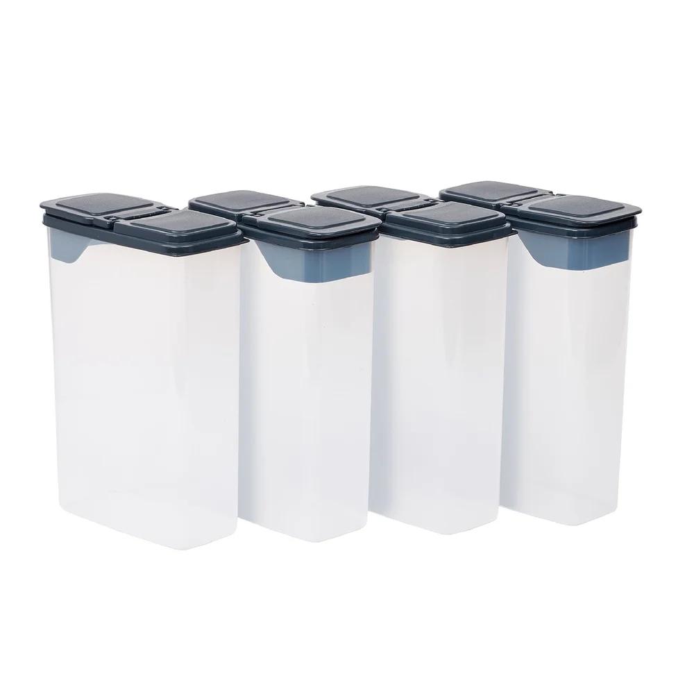 Multi Use Plastic Dispensers Set of 4 Clear Storage Containers Dark Gray Lids Stackable Kitchen Organizer Versatile 7.75x4x11.4