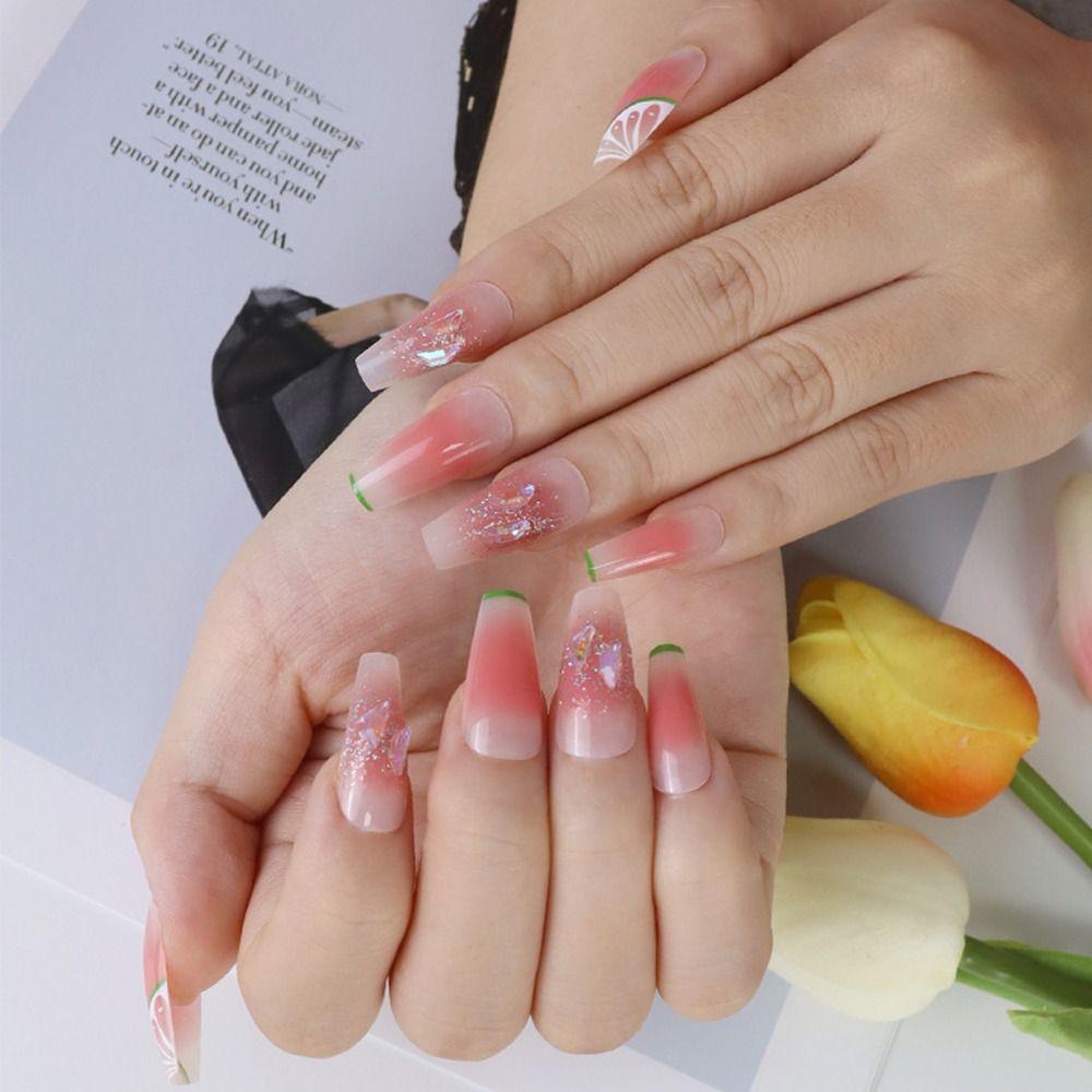 

24pcs French Detachable Full Cover False Nails Long Ballerina Fruit Sticker Drill Fake Nails