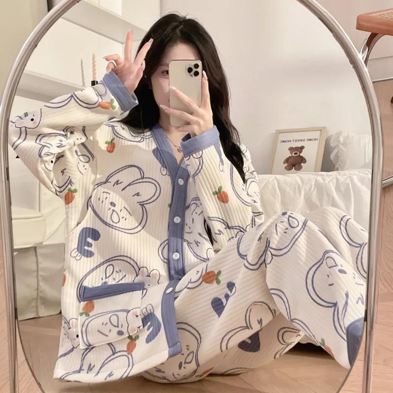 Autumn and Winter New Maternity Pajamas Home Wear Suit Thickened Postpartum Air Cotton Monthly Clothing Nursing Clothes Pajamas