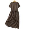 2025 Summer New Solid Color Cotton and Linen Dress Women's Mori Retro Short-sleeved Round Neck Waist Medium and Long Dress Women