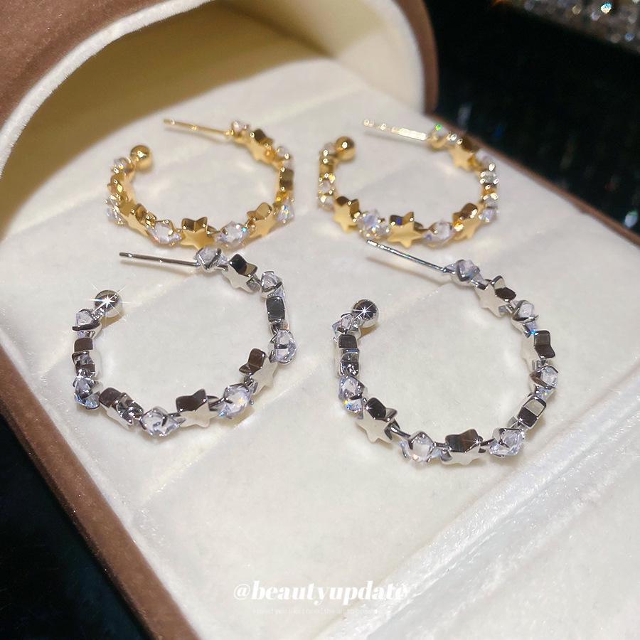 Silver Needle Cubic Zirconia Star C-Shaped Stud Earrings - Sweet & Cool Style, High-End Retro Feel