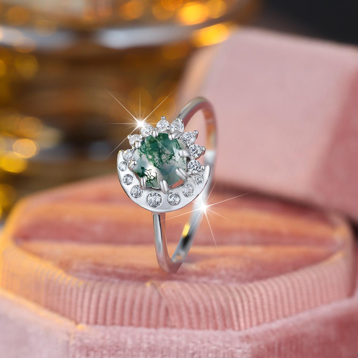 

Sterling silver green ghost moon ring, slightly inlaid diamond star and moon design exquisite personality ring no. 10