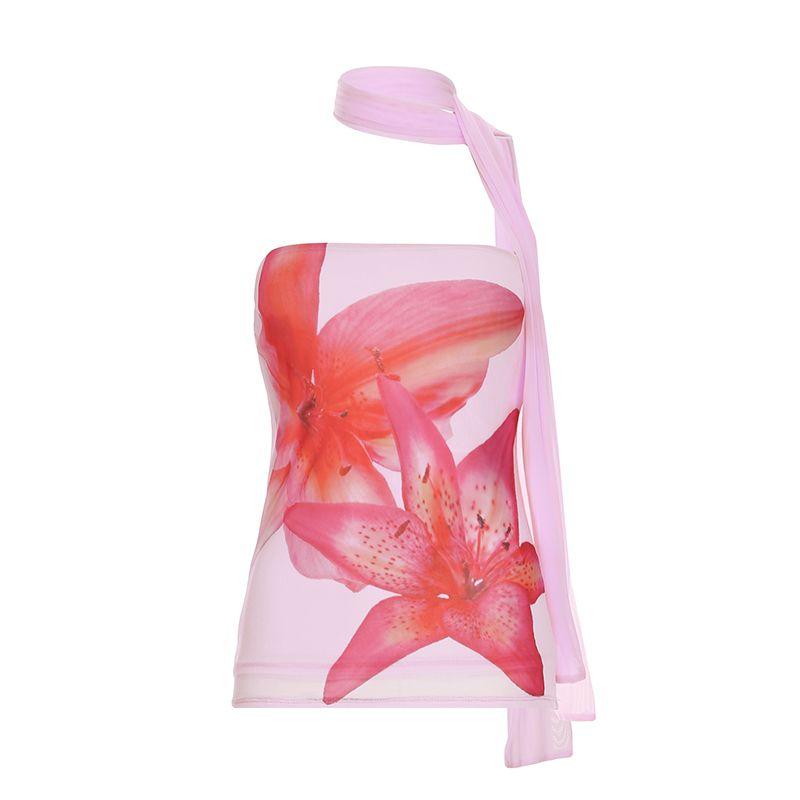 

H Family European and American Women s Clothing Romantic Florals Print Halterneck Streamer Pink Bra Vacation Sexy Open Back Outerwear Top Pink S