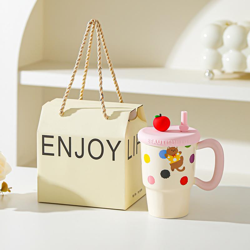 Apple Sippy Cup for Girls Birthday Girl Heart Cat Sippy Cup Cute Ceramic Mug Souvenir Gift Box