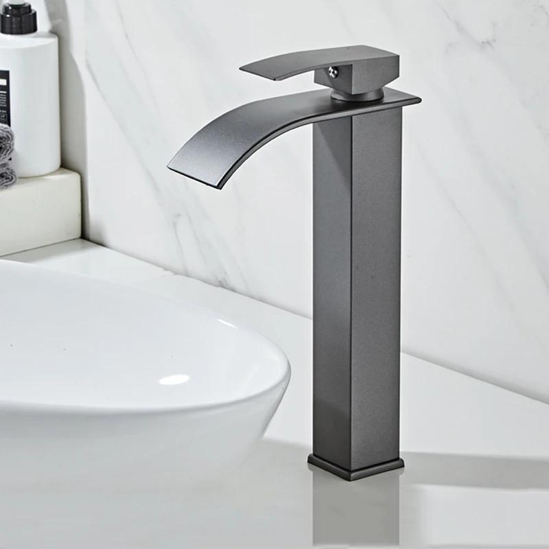 Black Waterfall Bathroom Basin Faucet Waterfall Spout Vanity Sink Mixer Tap Brush Gold Sink Faucet Tall short Style Chrome Gray
