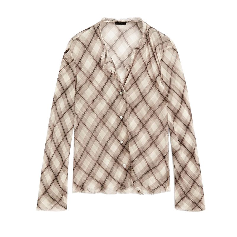 

MD Весна Новая Женская Одежда Повседневное Свободное Ощущение Полупрозрачная Легкая Клетка Бахрома Длинные Рукава Рубашка 5112852 Chocolate color L