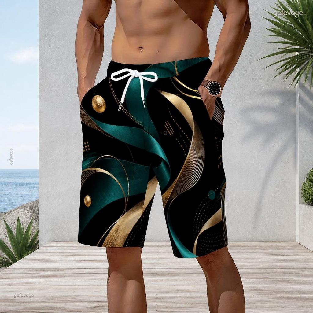 Men Plus Size Abstract Gradient Print Beach Shorts Elastic Waist Drawstring Loose Casual Shorts With Pockets For Swimming Surfing Summer Vacation