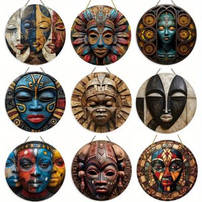 Uniek Afrikaans masker rond houten bord met artistiek ontwerp, geschikt voor deur, muur, huis, kamer, boerderij, straat, winkel, garage, bar, tuin