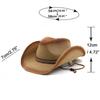1X Men Western Straw Cowboy Cowgirl Hat with Belt Drawstring Wide Brim Sun Hat
