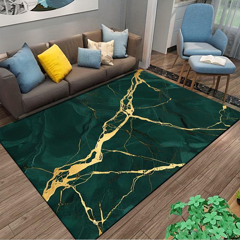 Green Marble Pattern Carpet with Gold Veins, Modern Luxury Decor Rug Suitable for Use As an Anti-slip for Living Room Bedroom Sofas