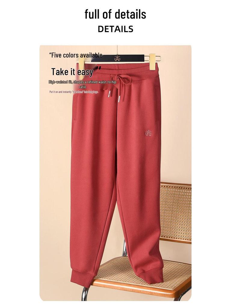 Women's Dark Green Slim Cotton Sweatpants - Warm, Casual, Plus Velvet Autumn/Winter 2025