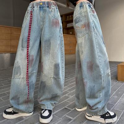 Girls' Retro Graffiti Wide-Leg Jeans: Fashionable Scimitar Pants for Middle School Students