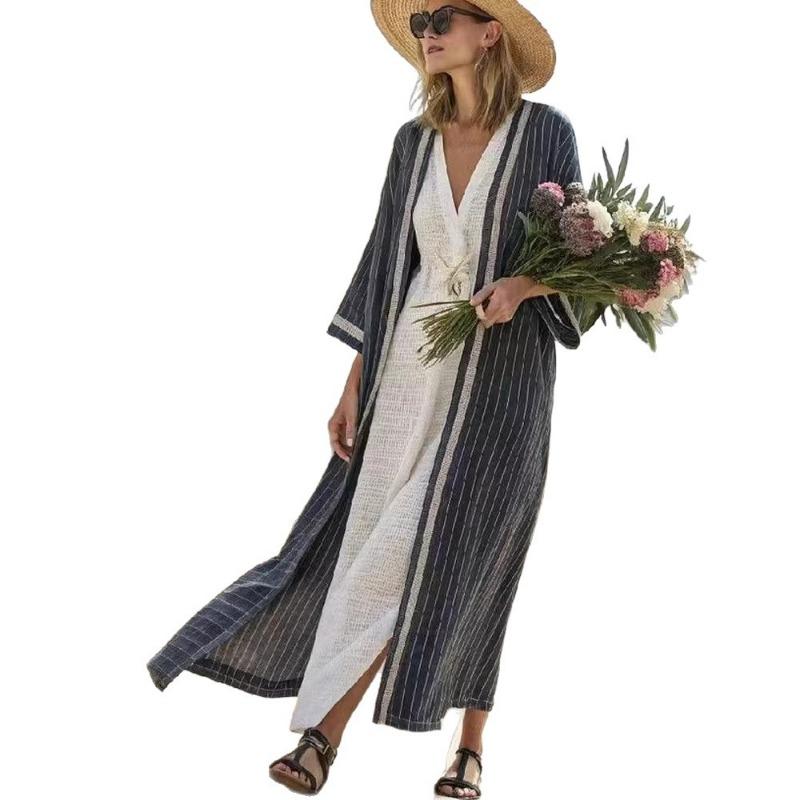 Spring Summer Striped Open Front Kimono Cardigan 3/4 Sleeve Linen Blend Beach Cover Up
