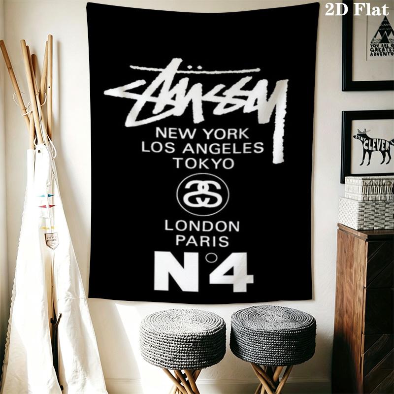 City List Text Tapestry, Black Background Street Brand Logo No.4 Wall Hanging Decor