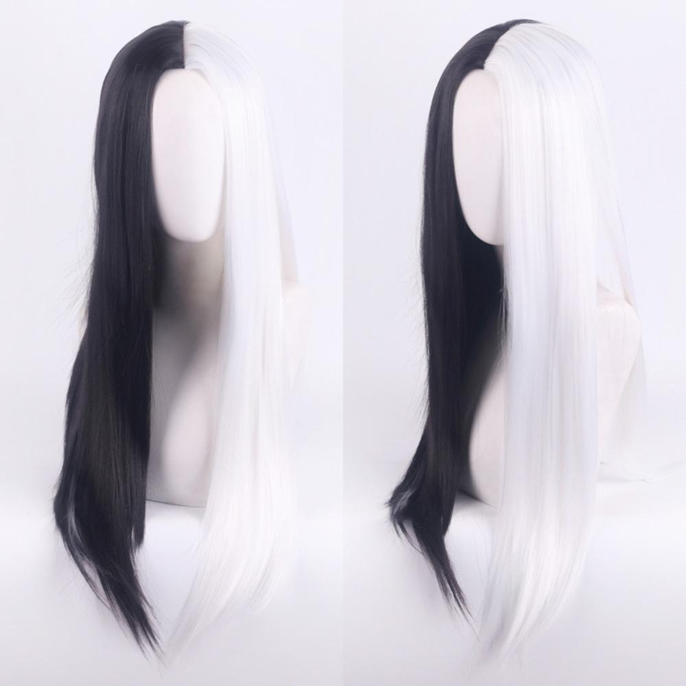 Cosplay Halloween Feest Pruiken CRUELLA Deville De Vil Zwart Wit Met Pony Kort Bob Kapsel voor Vrouwen Hittebestendige Synthetische Pruik black