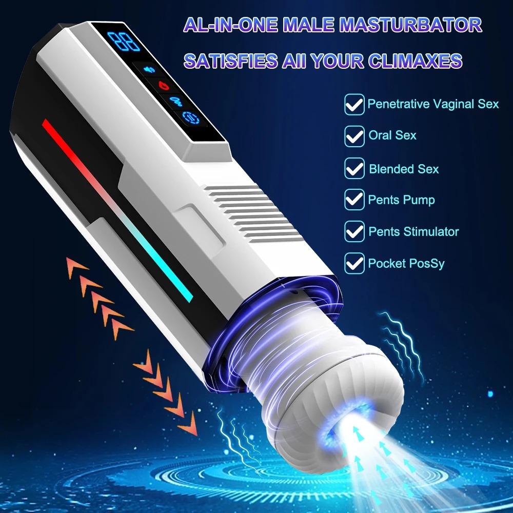 Automatic Male Masturbator with Heating, Suction & Thrusting - Vibrating Telescopic Sex Cup for Men, Realistic Pussy Blowjob Toy