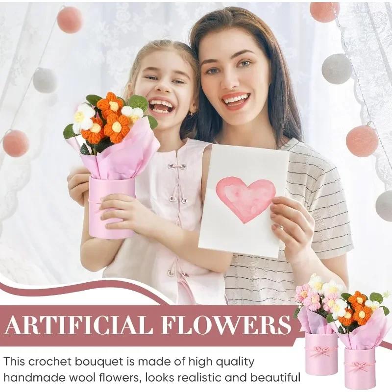1-10PCS Knitted Flower Bouquet Gift Set Stitch Handmade Mother's Day Present Crochet Artificial Flower Bouquet Craft Home Decor