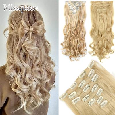 24 Polegada 16 Clipe Extensão Sintética Longa e Ondulada Peruca Natural Em Fibra Resistente Ao Calor Preto Marrom Penteado 7 Peças/set
