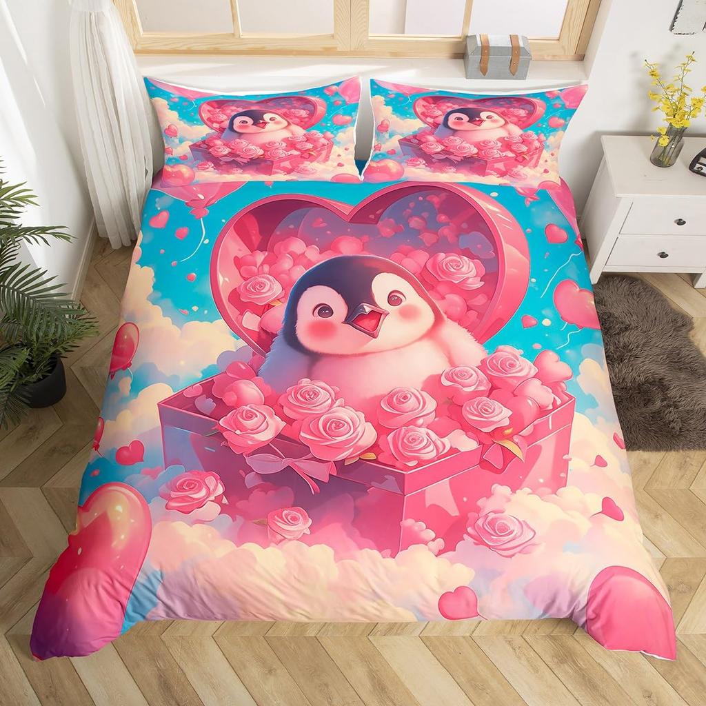 Cute Penguin And Love Heart Duvet Cover Set For Kids Teens Lightweight Quilt Cover With 2 Pillowcase Cartoon Penguin Bedding Set