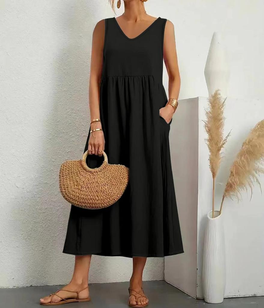 Fashionable Summer Temperament Women's Solid Color Cotton Linen Loose V-neck Dress