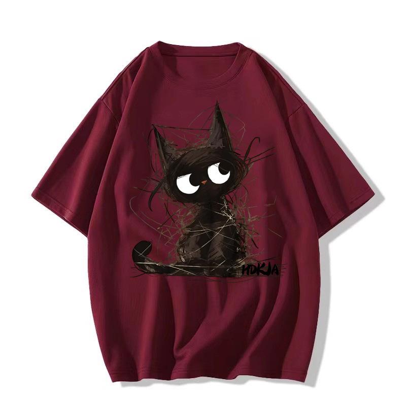 Unisex American Retro Black Cat Print Oversized T-Shirt - Summer Pure Cotton Short Sleeve Top