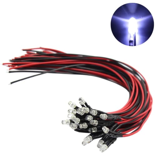 20-Pack 3mm White Chip LEDs with Wiring and Resistors for Diorama Lighting, Model Trains, Railways, Buildings, and More