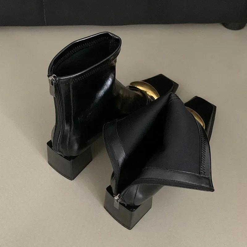 Fashion New Shoes Designer Metal Women Ankle Elastic Boots Fashion Zippers Footwear Square Heels Ladies Modern Short Booties Shoes