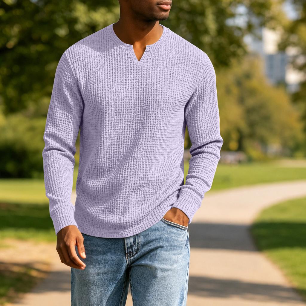 Men's Casual V-Neck Long Sleeve Shirt Loose Fit Top