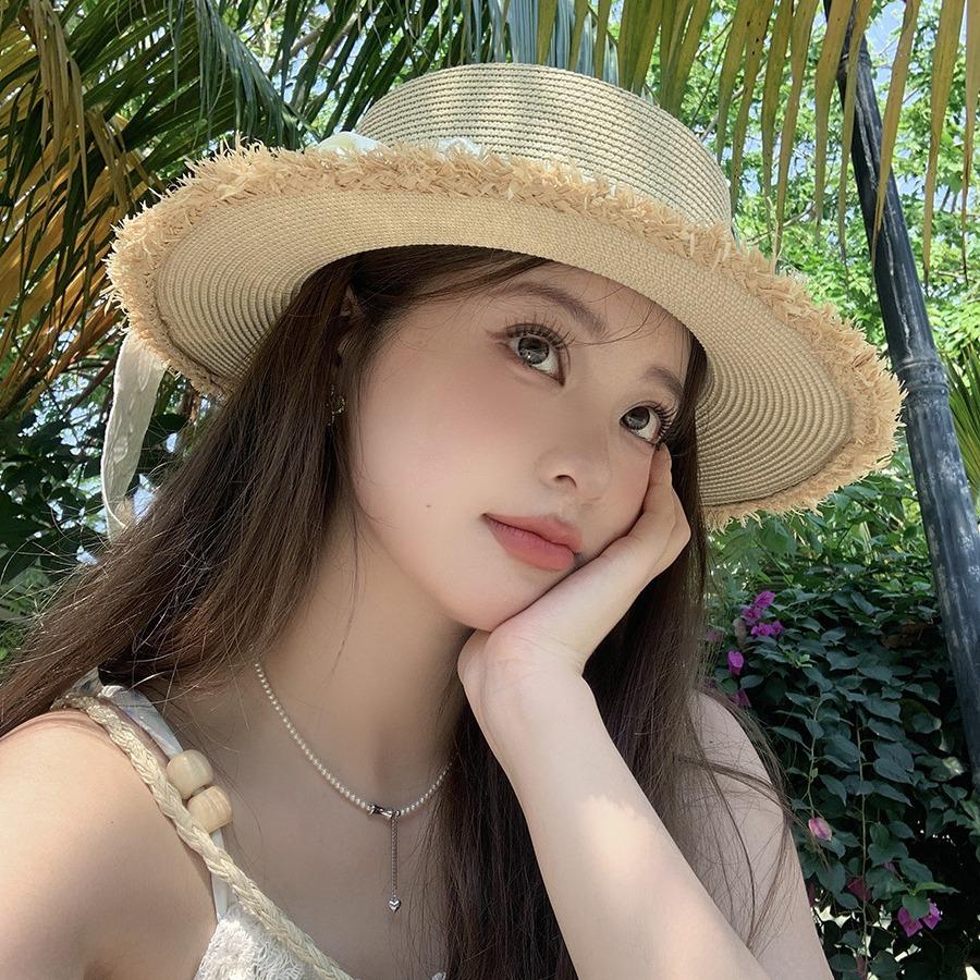 Small Fresh Forest Lace Flower Shade Straw Hat Women's Summer Flat Top Rough Edge Straw Hat Seaside Vacation Beach Hat