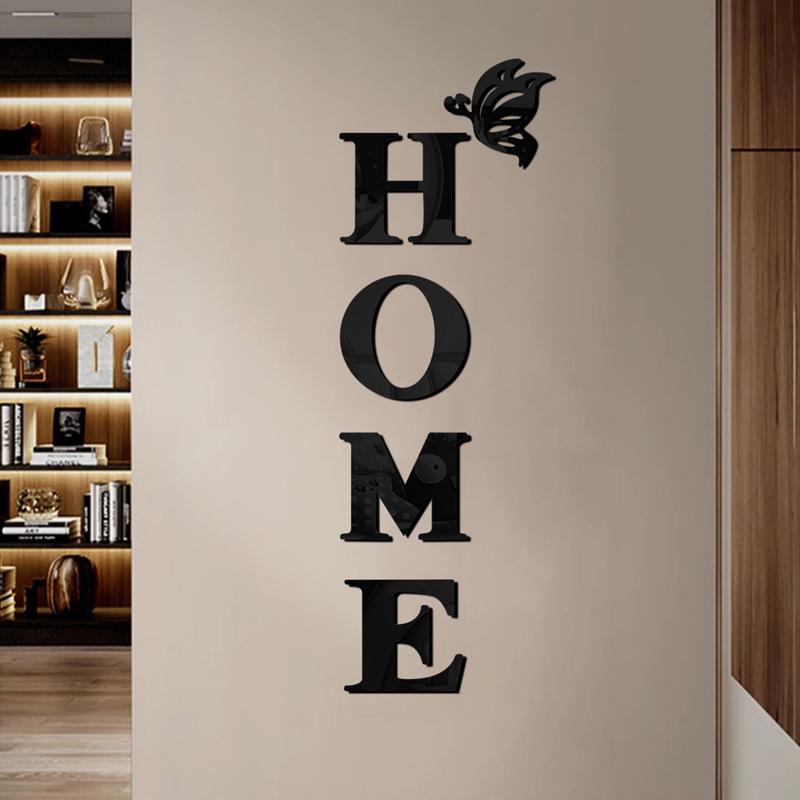 5pcs English Letter HOME Butterfly Acrylic Wall Sticker Self-adhesive Mirror Wall Sticker DIY Interior Decoration Living Room Entrance Wall Painting
